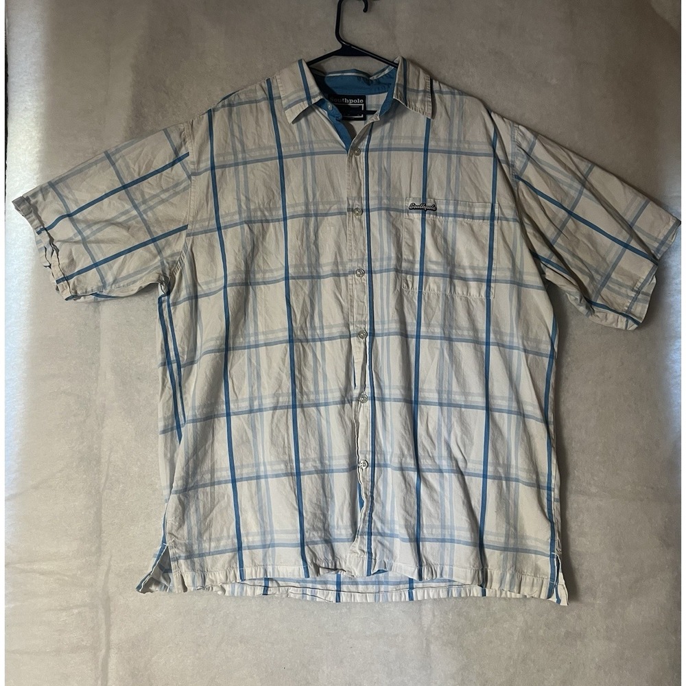 South Pole Blue White Plaid Button Up Short Sleeve Shirt Collared Size Large